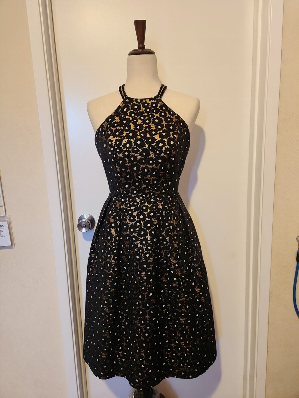 Shoshanna Black Midi Dress with Gold Floral Detailing